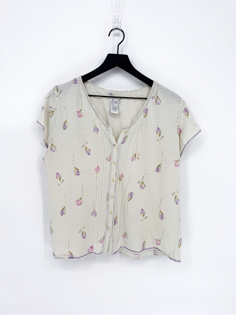 Vintage Aria Floral Pointelle Button Front Top Cottagecore Medium